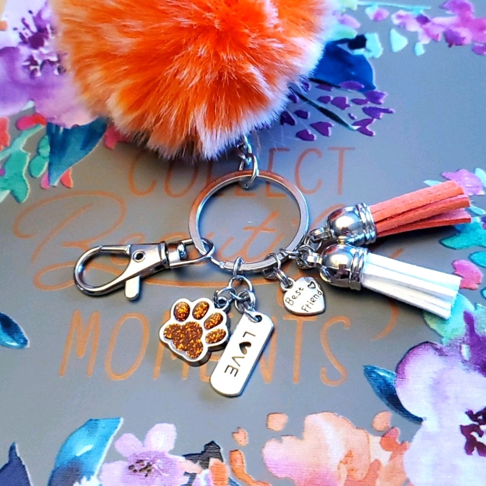 Paw Print Pom Pom keychain with charms